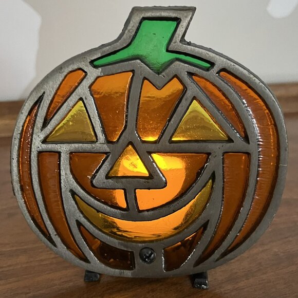 Vintage Jack-O-Lantern Tea Light Holder | Stained Glass & Cast-Iron Halloween - Picture 4 of 10